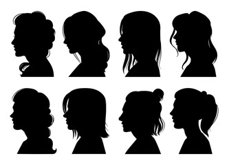 Vector Woman's head with hairstyle, Adult Female Anonymous Characters Face Silhouettes. black Illustration in various themes. Hand drawn collection. V21