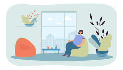 Woman sitting in armchair bubble in cozy room vector illustration. Cozy space interior with aroma candles and home plant. Quiet place for yoga and relaxation. Mental health, mindfulness, meditation