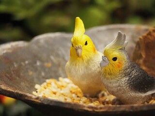 寄り添うインコのオブジェ