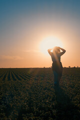 Mujer posando en el campo con cultivos durante el atardecer