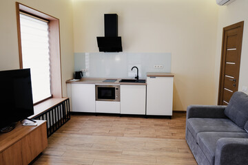 Interior of a studio kitchen in a country hotel room.