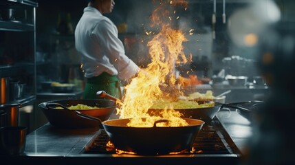 An exotic Asian dish is embraced by a flame of fire on a large wok. A chef in a white suit prepares food in the restaurant's hot kitchen.