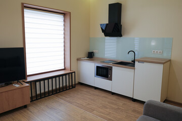 Modern hotel kitchen design with kitchen appliances.