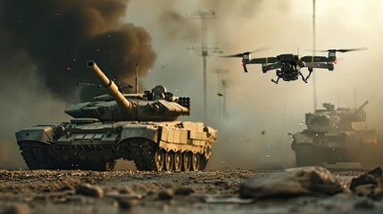 Combat aerial drone attacking a tank - obrazy, fototapety, plakaty