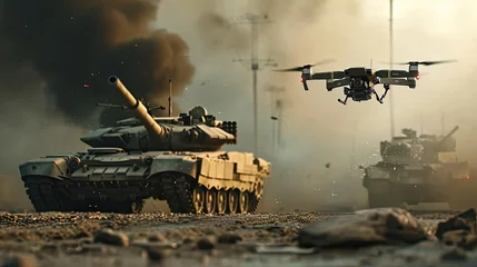 Fotobehang Combat aerial drone attacking a tank © cherezoff
