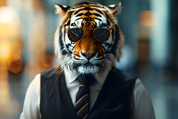 A portrait of anthropomorphic tiger wearing black vest and sunglasses - obrazy, fototapety, plakaty