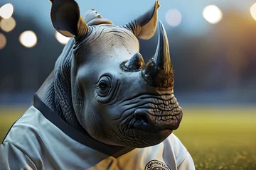 Plexiglas foto achterwand A portrait of anthropomorphic rhino wearing white football uniform © DimaSabaka
