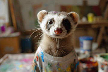 A portrait of anthropomorphic ferret wearing white t-shirt with oil paint stains