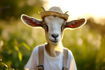 A portrait of anthropomorphic goat wearing white t-shirt and straw hat