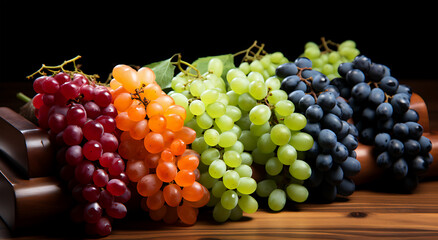 Different colored grapes on wooden tables which are very tasty and sweet fruits