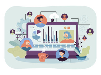Fototapeta premium Laptop with people having collaboration vector illustration. Diagrams, charts, colleague in different part of world. Online communication, virtual collaboration, teamwork concept
