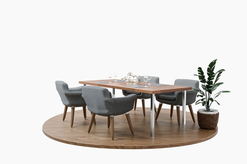 dining room interior design isolated on wooden podest and infinite background; 3D rendering