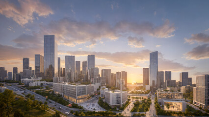 Modern metropolis, city skyline, urban buildings, green city at sunset