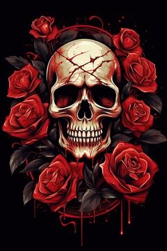 Skull and red roses. Poster, T shirt, Tattoo design. White background. Ai Generative illustration