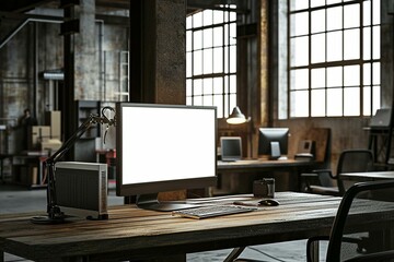 a computer monitor sitting on top of a wooden desk