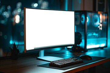 a computer monitor sitting on top of a wooden desk