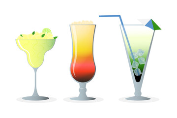 Exotic tropical cocktails vector illustration. Summer alcohol drinks in glasses with citrus slices, mint leaves, ice cubes and straws. Fresh beverages, holiday, vacation, travelling, tour concept