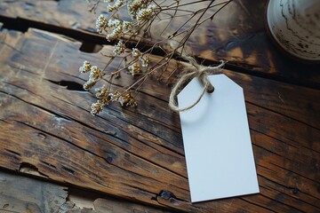 a white tag tied to a wooden table