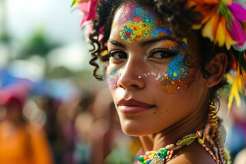 Close up Colombian woman at Carnavales de Barranquilla festival, colorful, festive