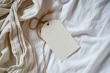 a white tag on a white bed sheet