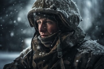 Soldier fighting harsh winter weather. Generative AI - obrazy, fototapety, plakaty