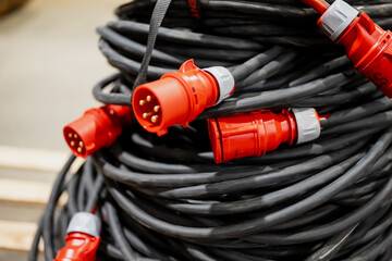 Industrial high voltage wires and connectors push up - obrazy, fototapety, plakaty