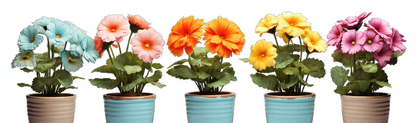 four plants with colorful flowers in pots on white background PNG