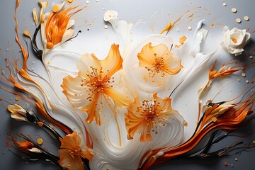 Abstract background with orange, black and white paint splashes and flowers