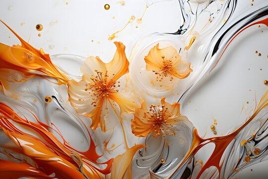 Abstract background of liliaceae with orange and white paint splashes.
