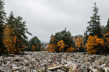 the world's largest stone river in Taganay National Park in autumn