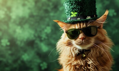 Cute cat wearing a St Patricks Day hat and sunglasses. St Patricks day sale or party banner. Generative AI - obrazy, fototapety, plakaty