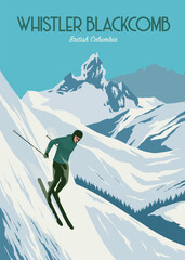 poster of whistler blackcomb background illustration design, man skier running downhill on british columbia ski resort