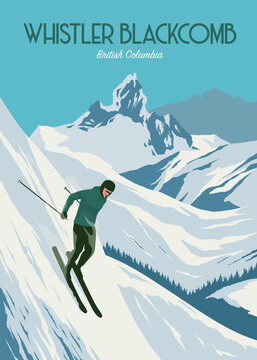 poster of whistler blackcomb background illustration design, man skier running downhill on british columbia ski resort