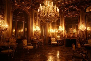 a large room with a chandelier and a fireplace