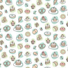Aesthetic seamless pattern of hand drawings, handmade sketches. Food  doodles vector set in line style