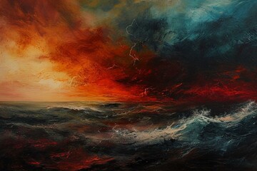 a painting of a sunset over a body of water