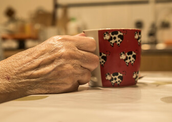 dłoń starej osoby trzymająca kubek z herbatą - obrazy, fototapety, plakaty