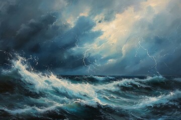 a painting of a storm in the ocean