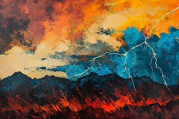 a painting of lightning striking through the sky