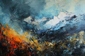 an abstract painting of a mountain range
