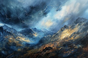a painting of a mountain scene with lightning