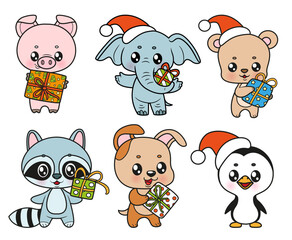 Six cute cartoon animal new year characters with gifts coloring variation on white background