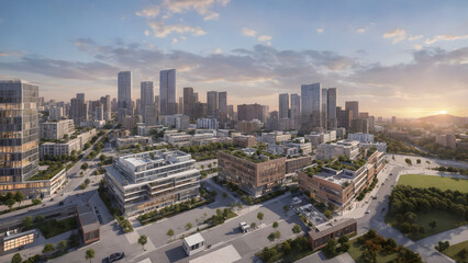 Modern metropolis, city skyline, urban buildings, green city at sunset