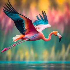 A flamingo flies over the water - obrazy, fototapety, plakaty