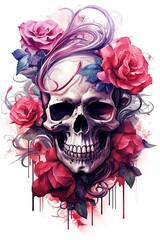 Skull and red roses. Poster, T shirt, Tattoo design. White background. Ai Generative