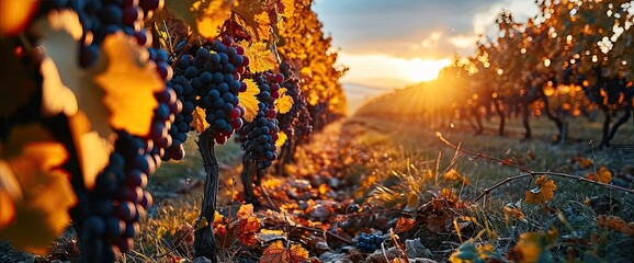 Vineyards Sunset Autumn Harvest Ripe Grapes, Background Images And Pictures  - obrazy, fototapety, plakaty