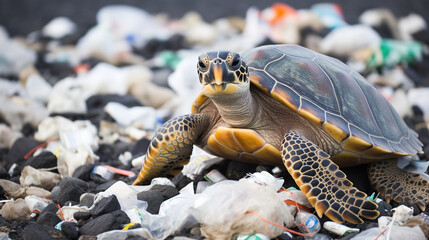Sea turtle among plastic garbage on the beach sand. Concept of environmental pollution and the death of wild animals. - 699617848
