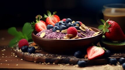 Oatmeal porridge with berries and nuts on a wooden table.