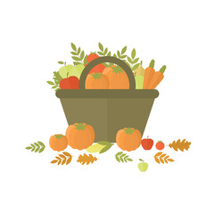 Pumpkin and other vegetables and fruits in a basket, illustration on the theme of Thanksgiving