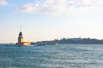 Istanbul view with historical peninsula and Maiden's Tower aka Kiz Kulesi